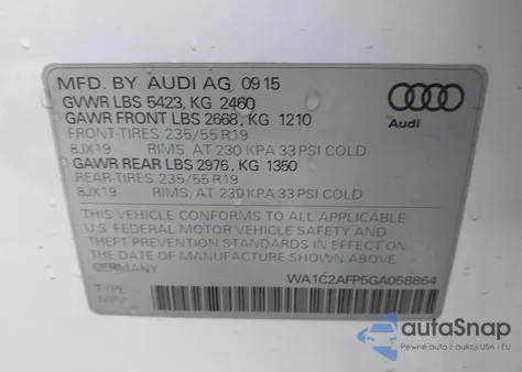 2016 Audi Q5 2.0T Premium z USA, uszkodzony, nr VIN WA1C2AFP5GA058864